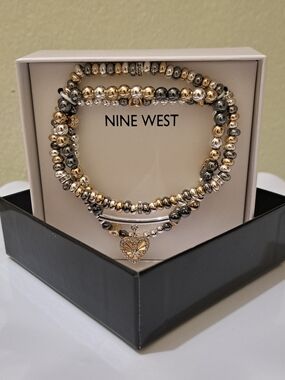 Nine West Beaded And Heart Charm Bracelet Set